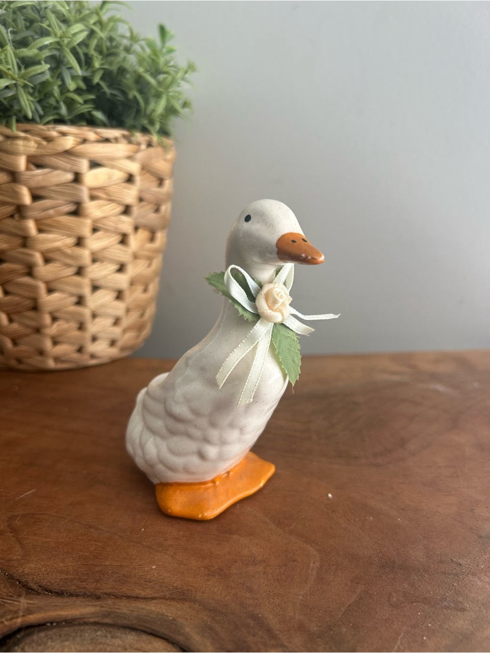 White Ceramic Duck Goose Figurine with bow on neck Vintage planter